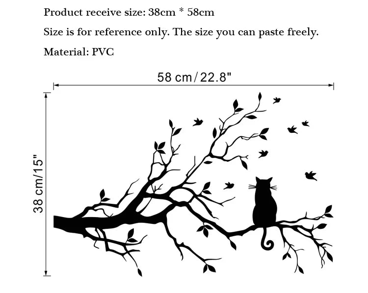 Cat on Tree Branch Wall Stickers - Self-Adhesive Home Decor for Living Room & Bedroom
