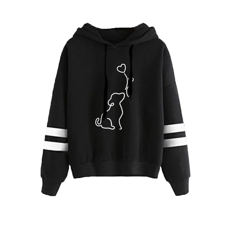 Women's Dog Print Stripe Hoodie - Casual Pullover