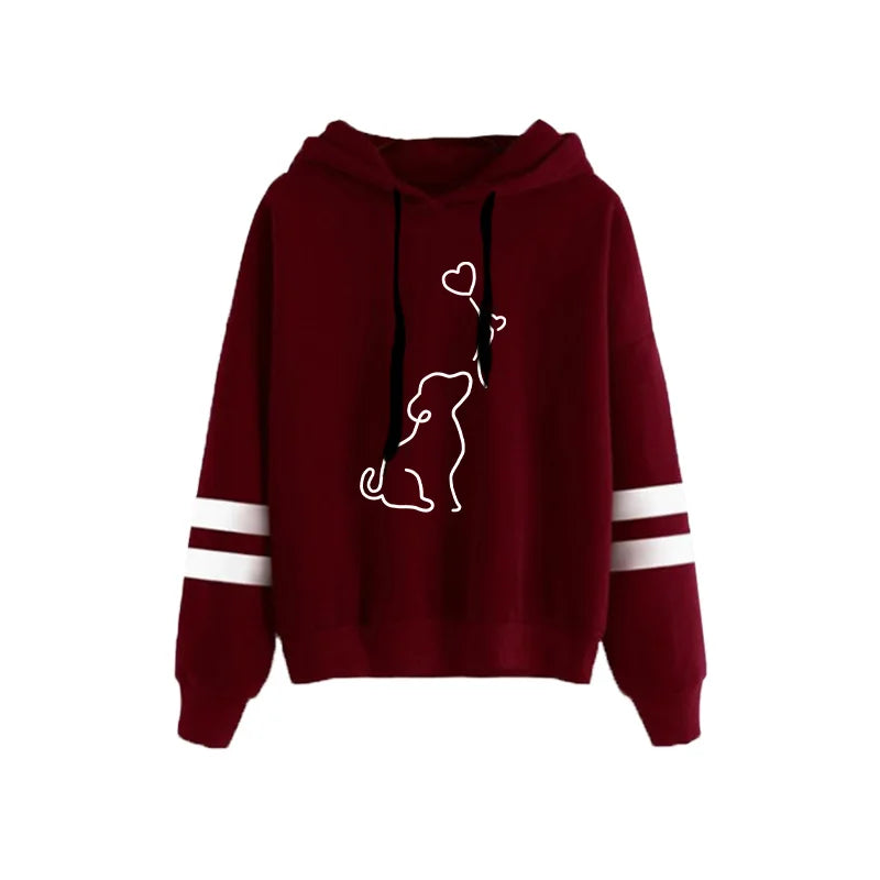 Women's Dog Print Stripe Hoodie - Casual Pullover