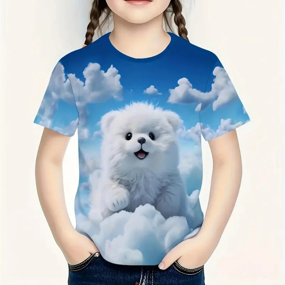Girls' 3D Cute Dog Graphic T-Shirt - Summer Short Sleeve Crew Neck Tee