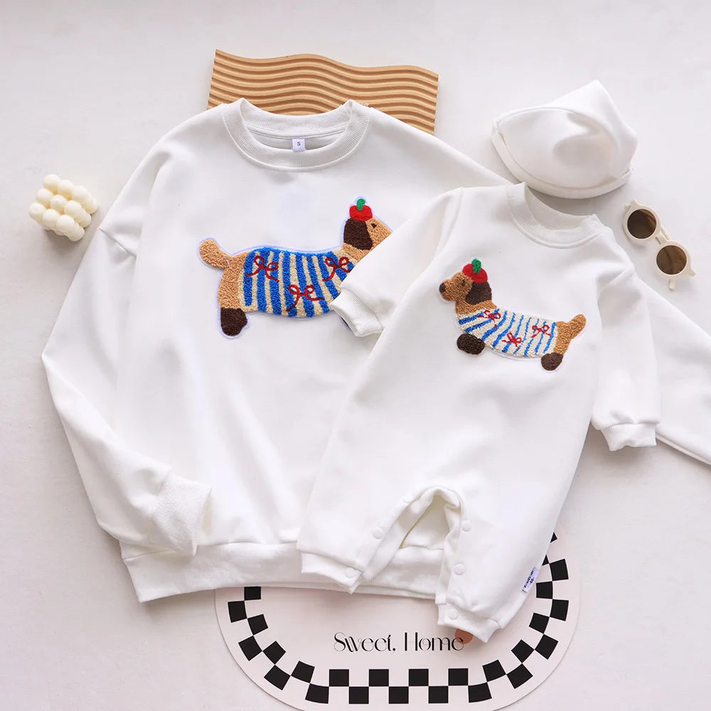 Family Funny Sweatshirt Cute Dog Print - Parent-Child Matching Clothes Father Mother Daughter Son