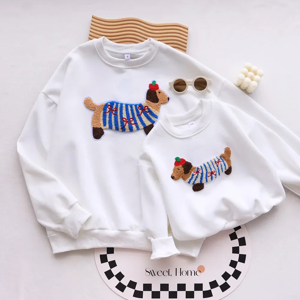 Family Funny Sweatshirt Cute Dog Print - Parent-Child Matching Clothes Father Mother Daughter Son