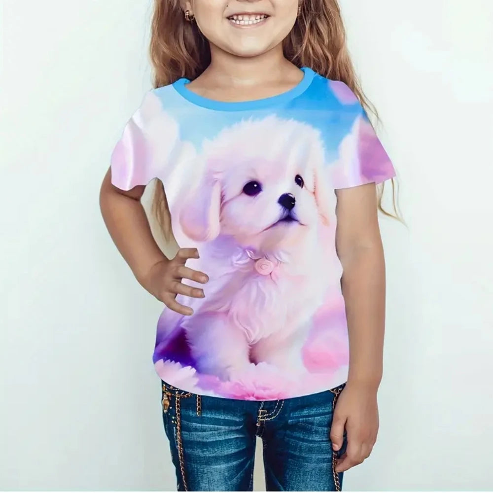 Girls' 3D Cute Dog Graphic T-Shirt - Summer Short Sleeve Crew Neck Tee