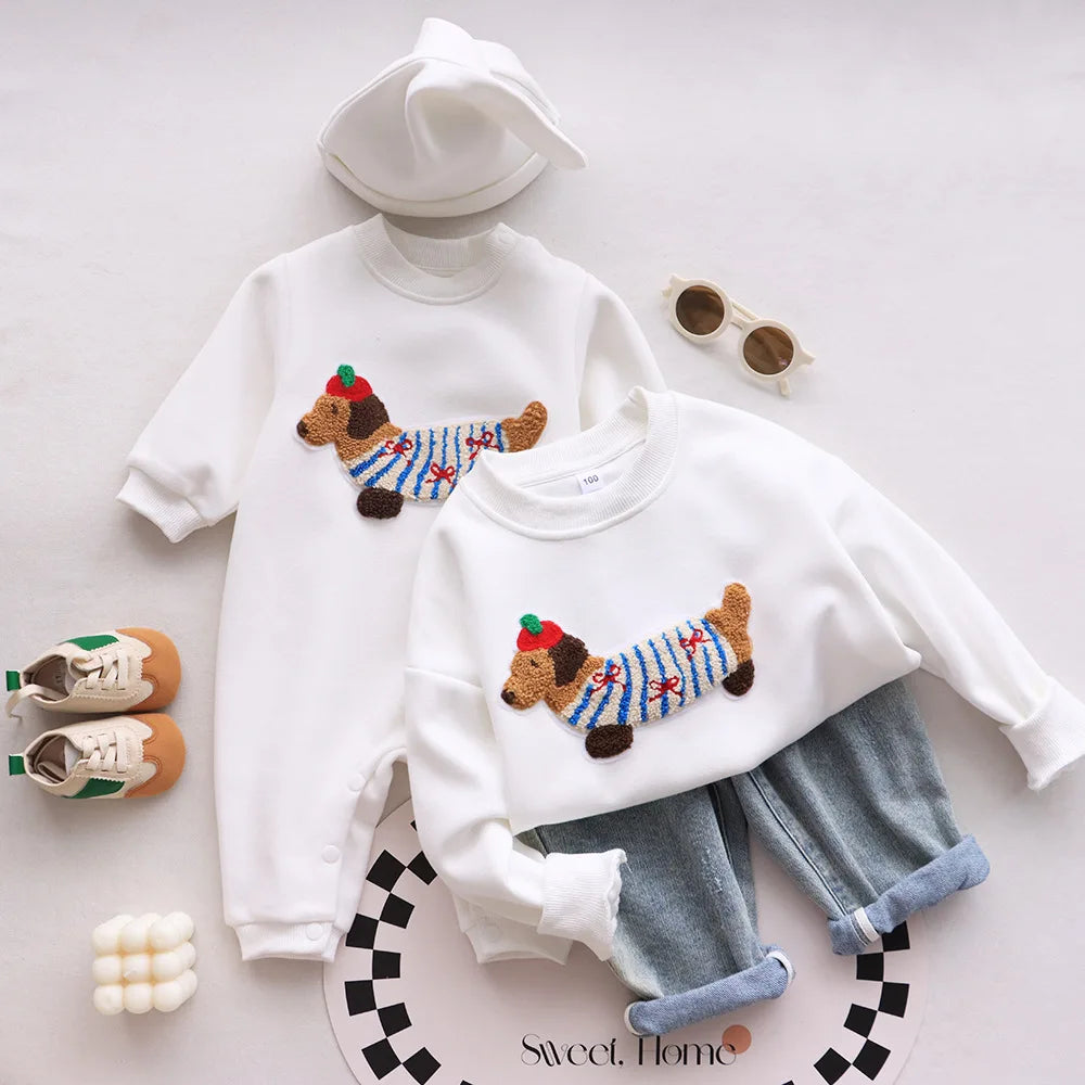 Family Funny Sweatshirt Cute Dog Print - Parent-Child Matching Clothes Father Mother Daughter Son