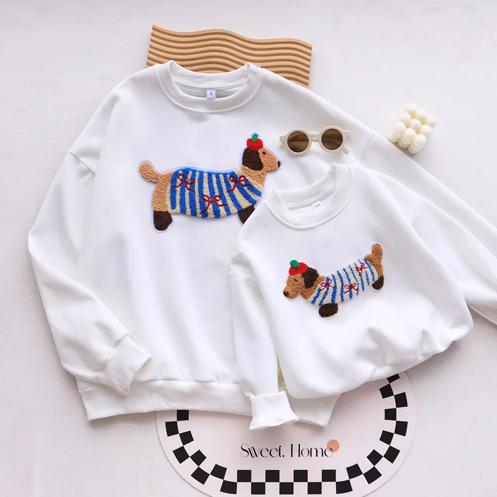 Family Funny Sweatshirt Cute Dog Print - Parent-Child Matching Clothes Father Mother Daughter Son