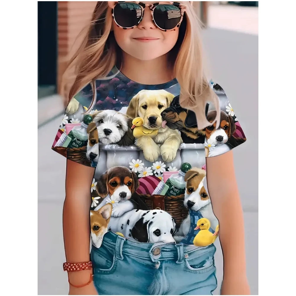 Girls' 3D Cute Dog Graphic T-Shirt - Summer Short Sleeve Crew Neck Tee