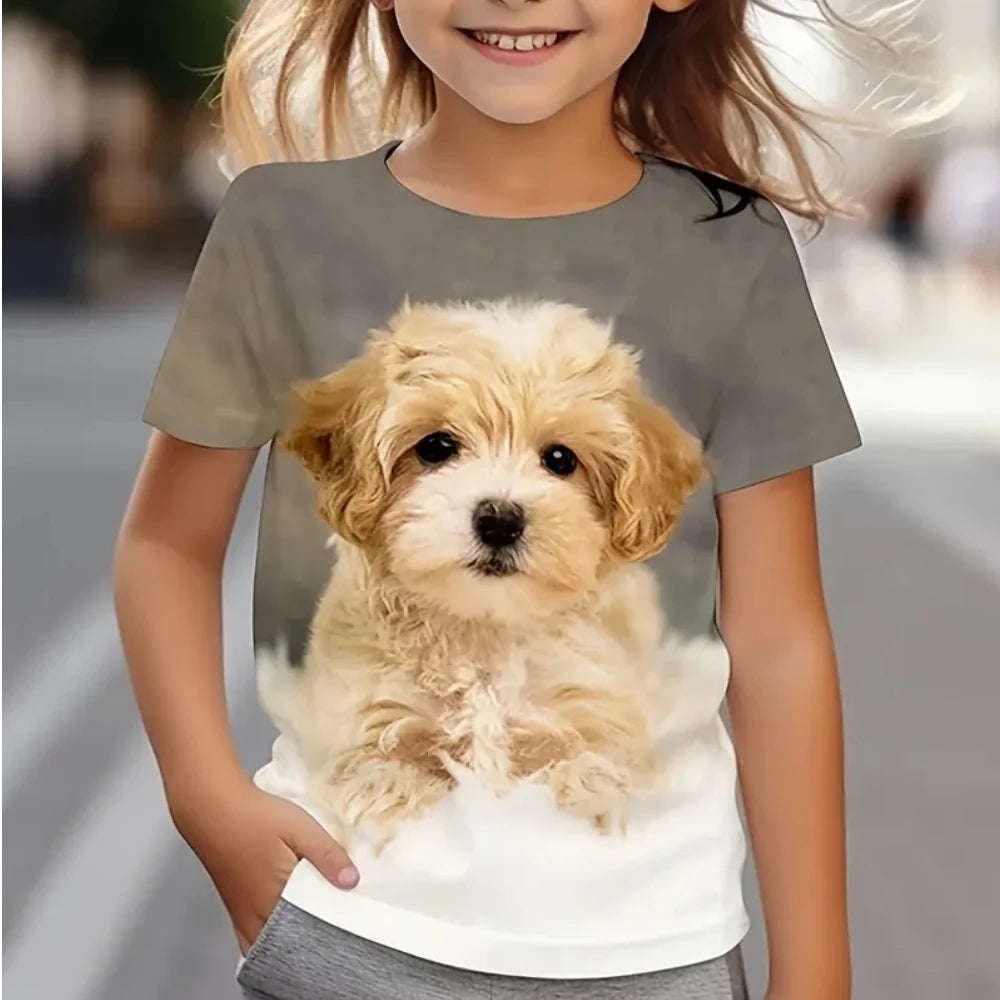 Girls' 3D Cute Dog Graphic T-Shirt - Summer Short Sleeve Crew Neck Tee