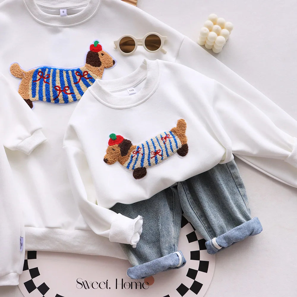 Family Funny Sweatshirt Cute Dog Print - Parent-Child Matching Clothes Father Mother Daughter Son