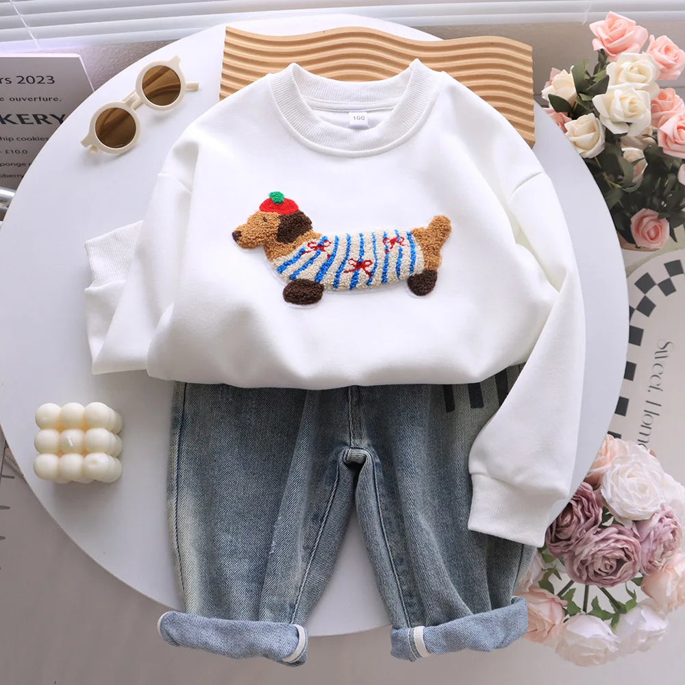 Family Funny Sweatshirt Cute Dog Print - Parent-Child Matching Clothes Father Mother Daughter Son