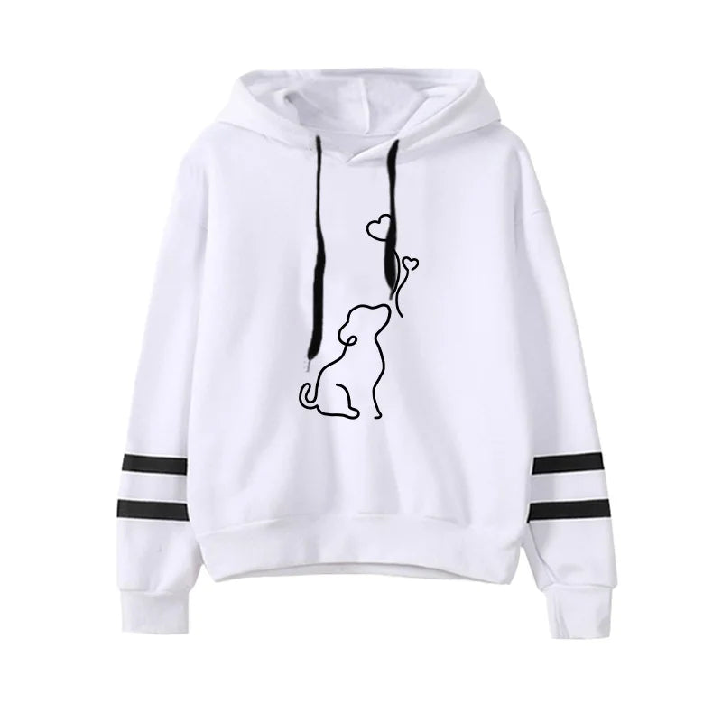 Women's Dog Print Stripe Hoodie - Casual Pullover