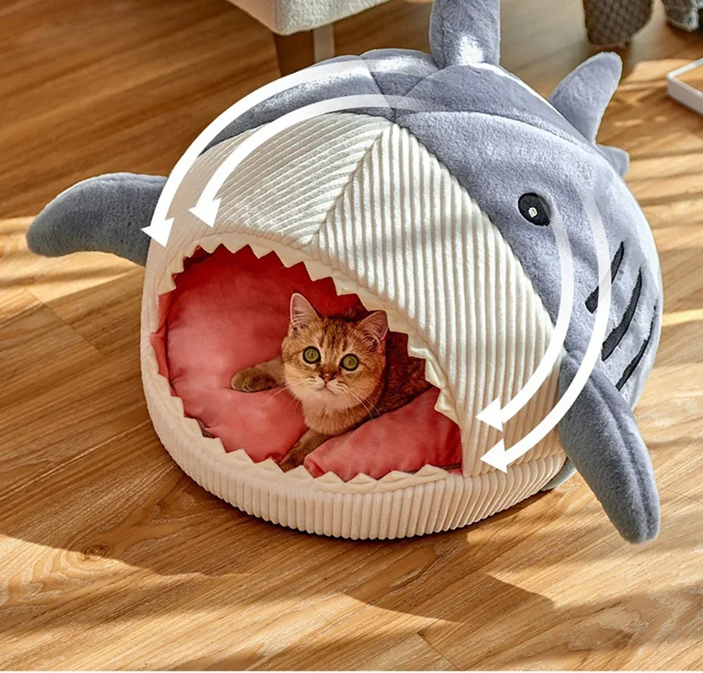 Cat Bed Semi-Enclosed Big Mouth Shark - Warm Pet Kennel Cave Tent