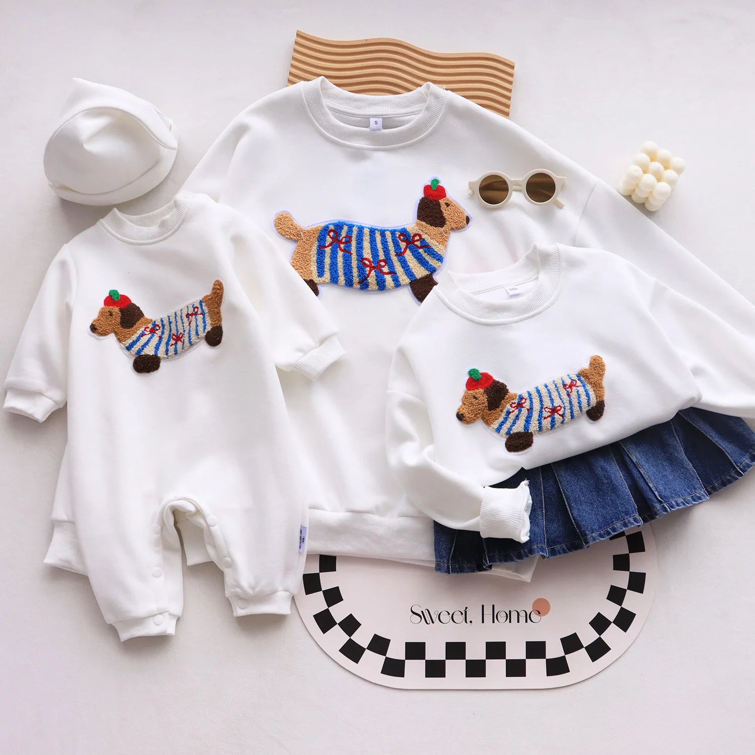 Family Funny Sweatshirt Cute Dog Print - Parent-Child Matching Clothes Father Mother Daughter Son