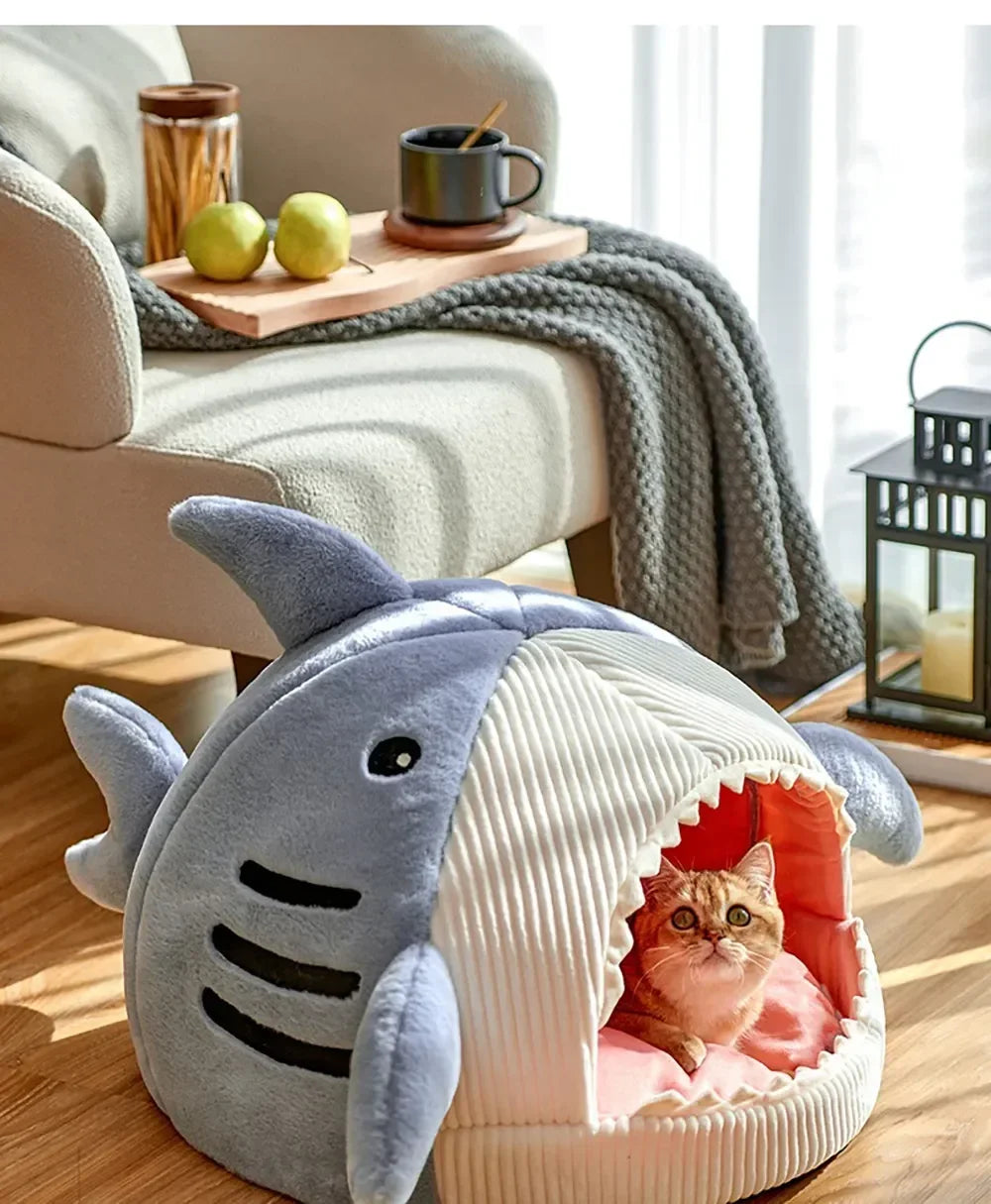 Cat Bed Semi-Enclosed Big Mouth Shark - Warm Pet Kennel Cave Tent