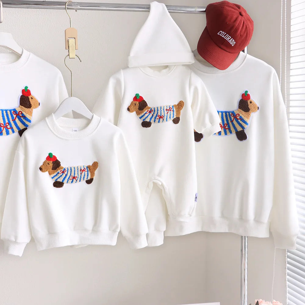 Family Funny Sweatshirt Cute Dog Print - Parent-Child Matching Clothes Father Mother Daughter Son