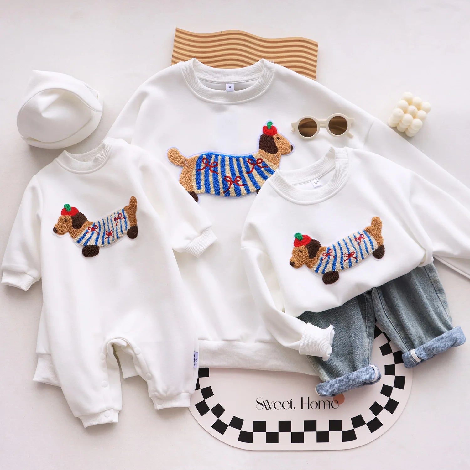 Family Funny Sweatshirt Cute Dog Print - Parent-Child Matching Clothes Father Mother Daughter Son