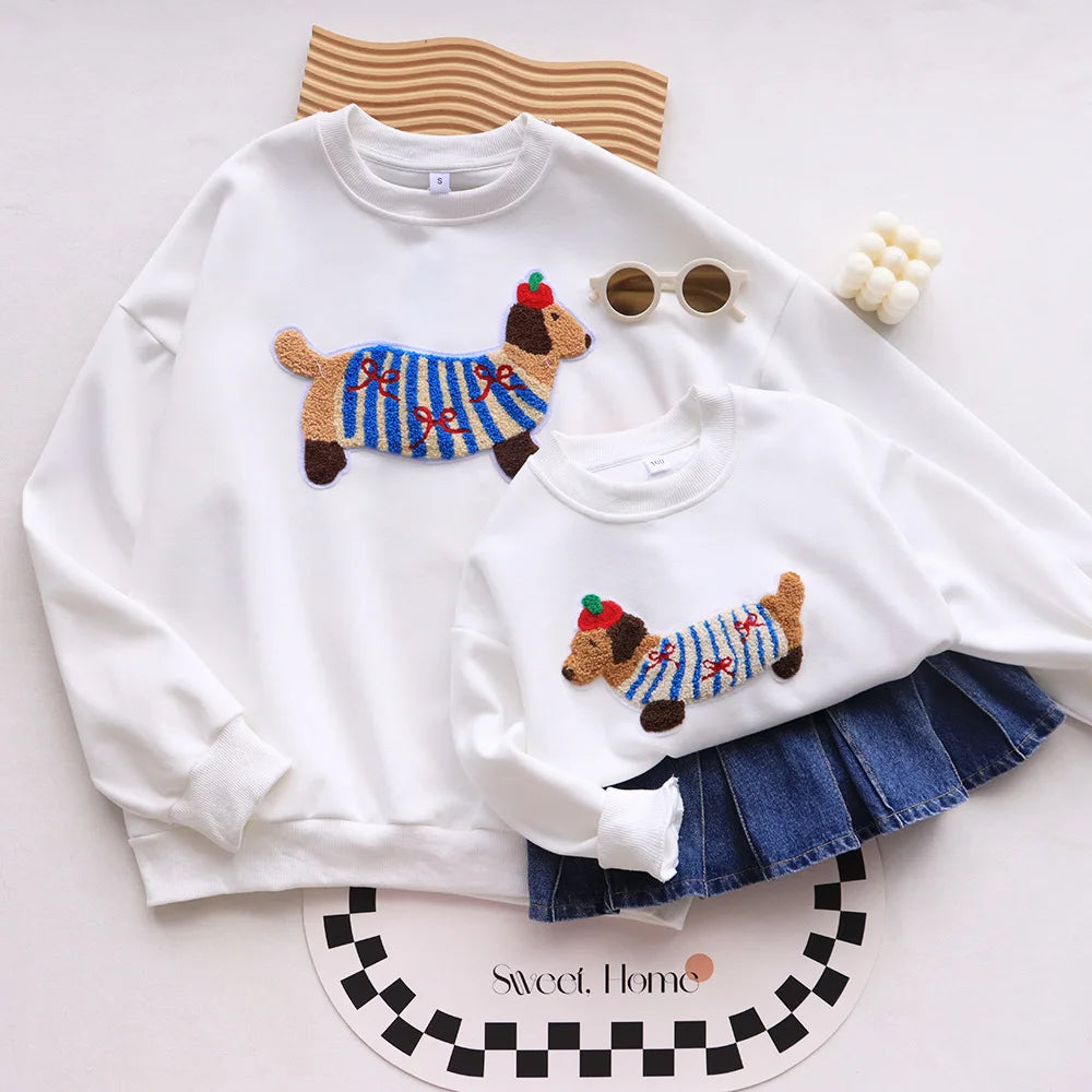 Family Funny Sweatshirt Cute Dog Print - Parent-Child Matching Clothes Father Mother Daughter Son