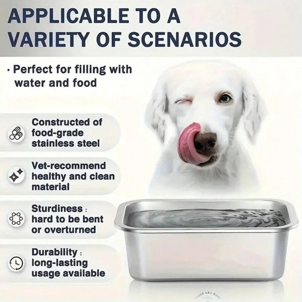Large Capacity Drop-Resistant Stainless Steel Square Dog Bowl - Food & Water Feeder