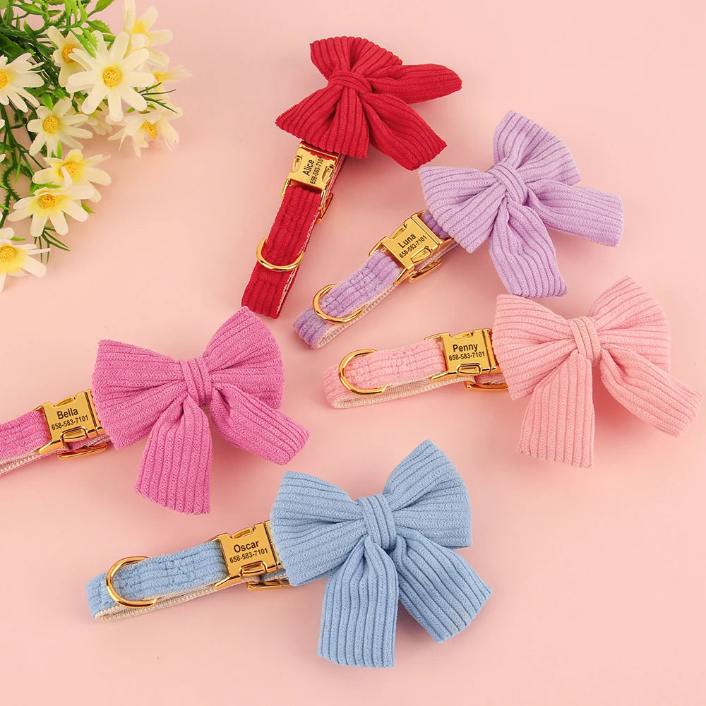 Personalized Dog Collar Adjustable Puppy Dogs Collars Pet Custom ID Necklace With Bowknot Cute For Small Medium Dogs Chihuahua