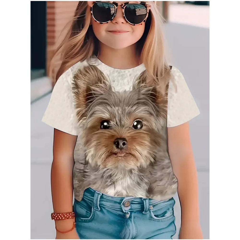 Girls' 3D Cute Dog Graphic T-Shirt - Summer Short Sleeve Crew Neck Tee