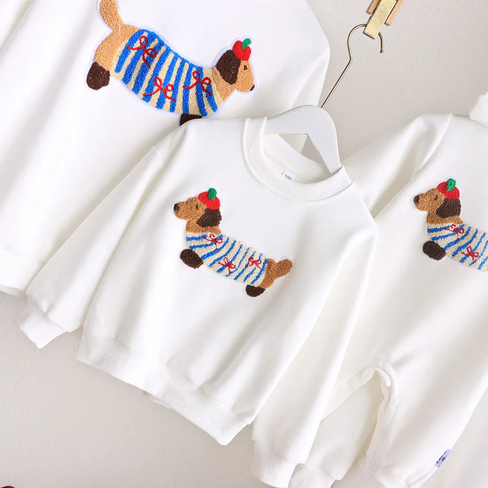 Family Funny Sweatshirt Cute Dog Print - Parent-Child Matching Clothes Father Mother Daughter Son