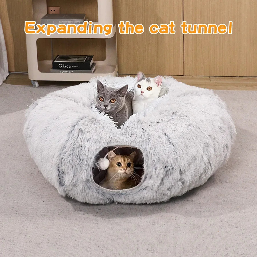 Winter Indoor Plush Cat Bed Tunnel - Play & Sleep Hide and Seek Integrated House