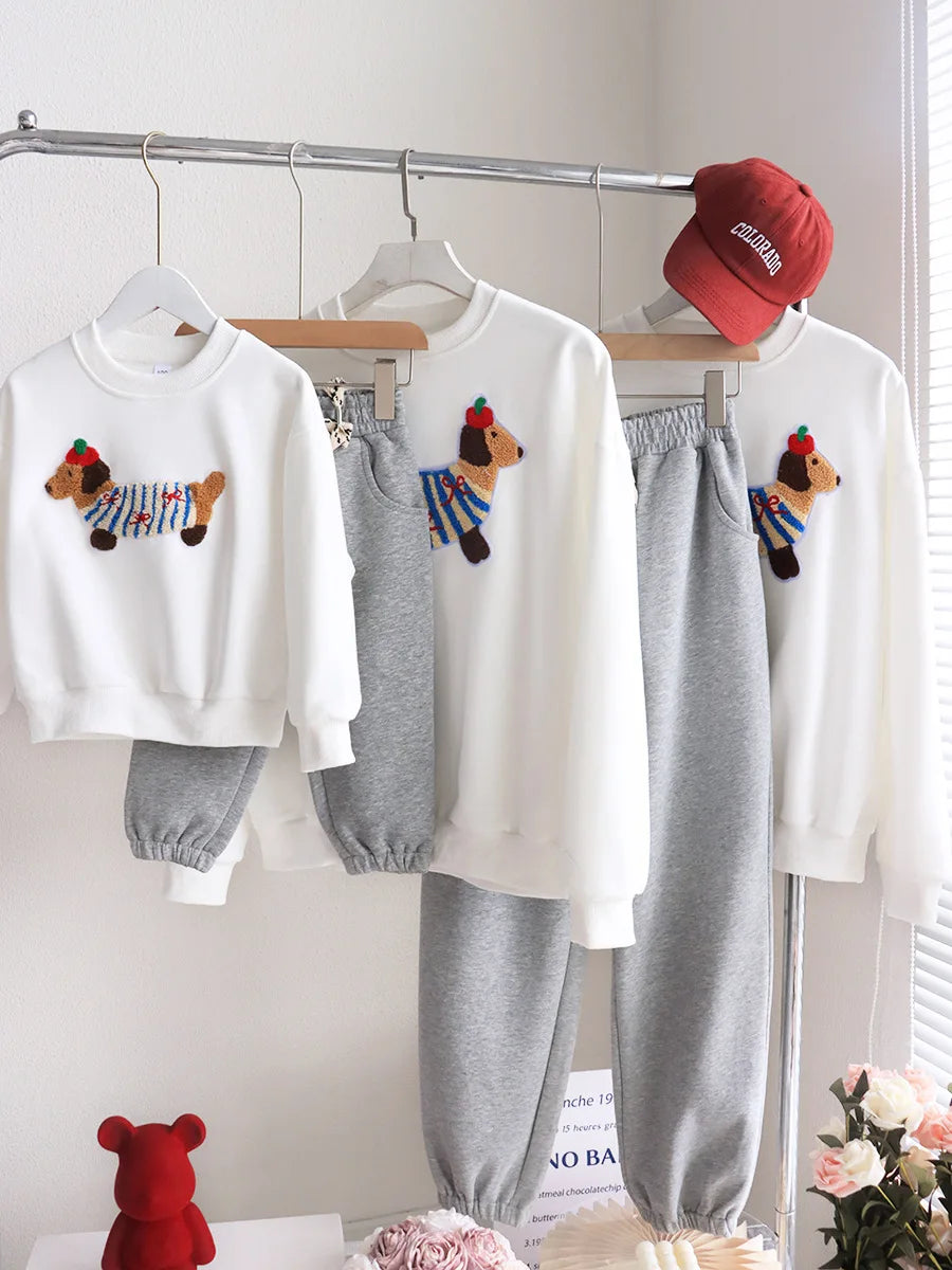 Family Funny Sweatshirt Cute Dog Print - Parent-Child Matching Clothes Father Mother Daughter Son