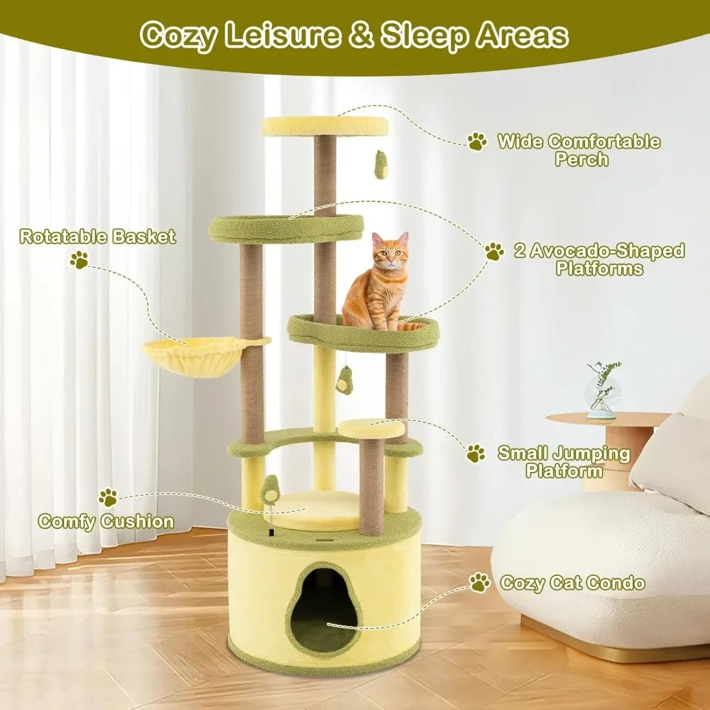 Avocado-Themed Cat Tree, Multi-Level Modern Cat Tower