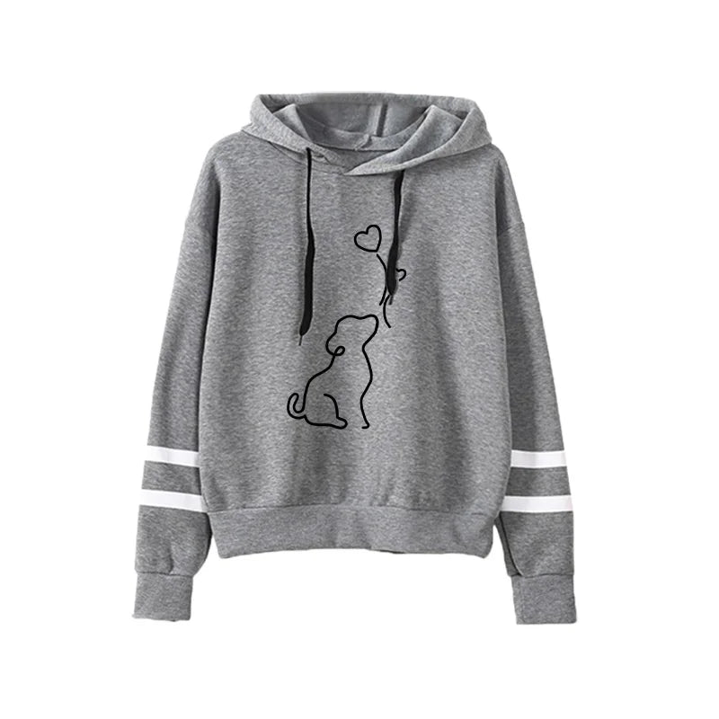 Women's Dog Print Stripe Hoodie - Casual Pullover
