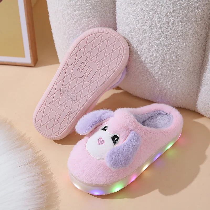 LED Light-Up Kids' Winter Shoes - Cartoon House Slippers with Thick Bottom