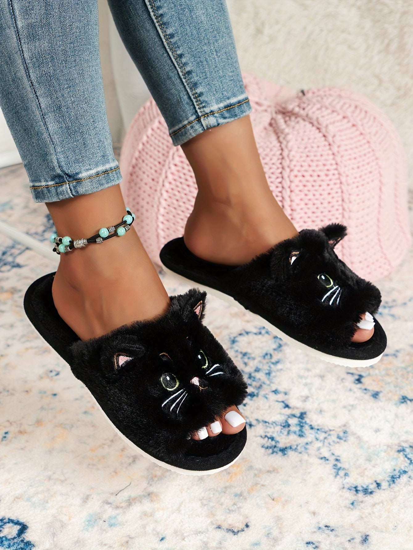 Black & White Cat Fleece Slippers