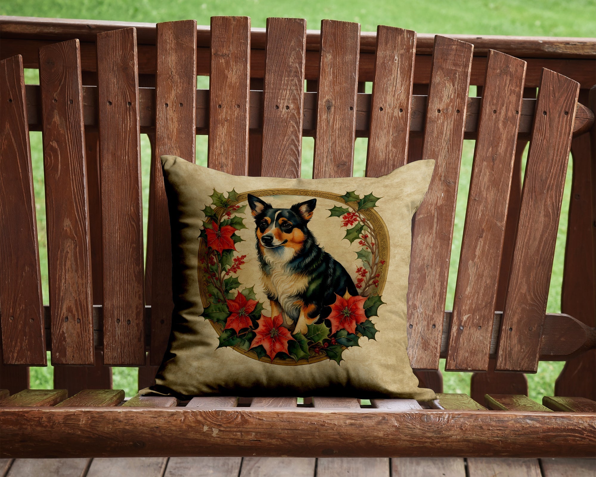 Lancashire Heeler Christmas Flowers Throw Pillow-1