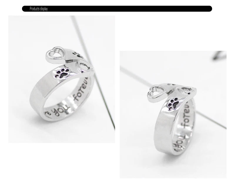 Cat Ear Paw Print Ring - Adjustable Pearl Hollow Heart Design