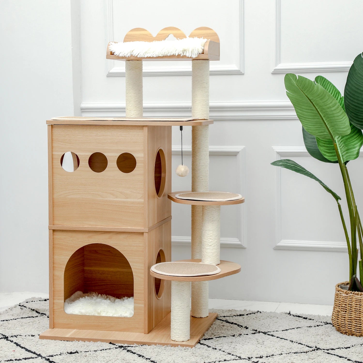 Modern Wooden Cat Tree - Multi-Level Tower with Condos & Dangling Balls