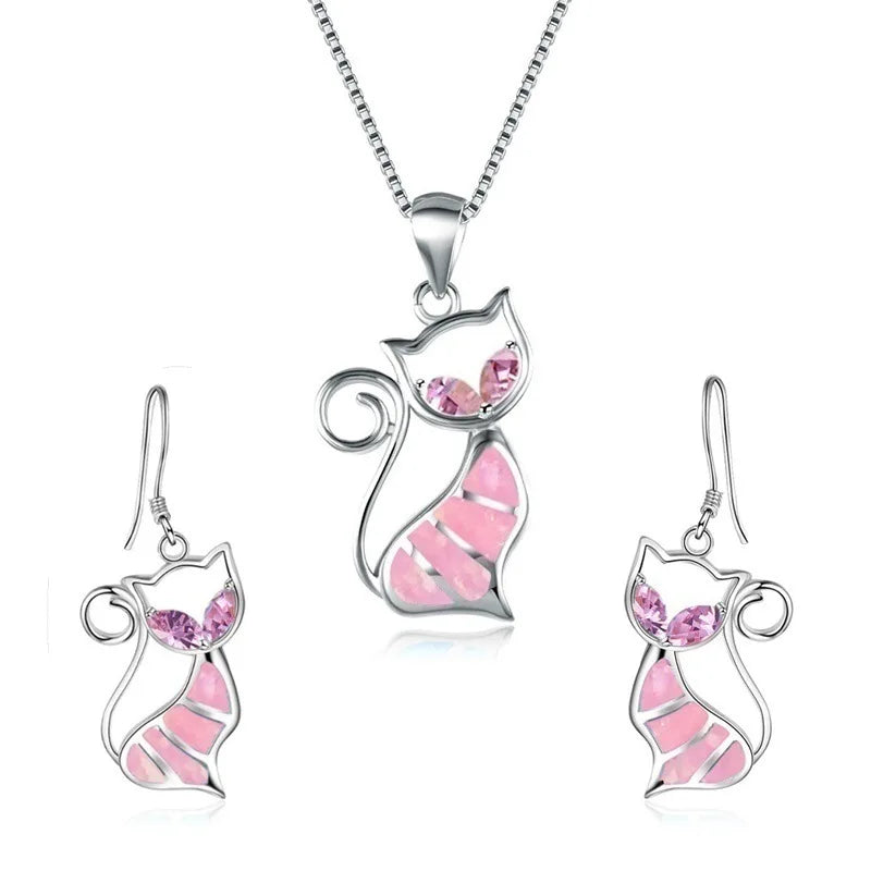 Cat Pendant Jewelry Set - Elegant Necklace & Earrings