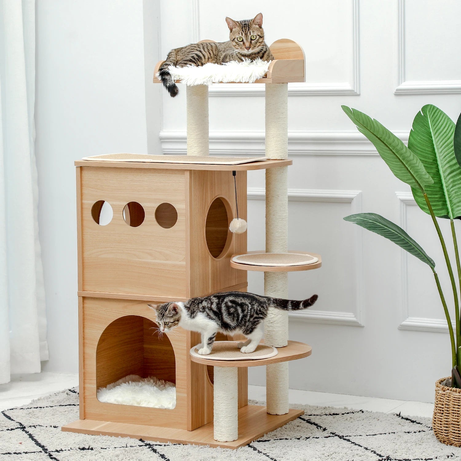 Modern Wooden Cat Tree - Multi-Level Tower with Condos & Dangling Balls