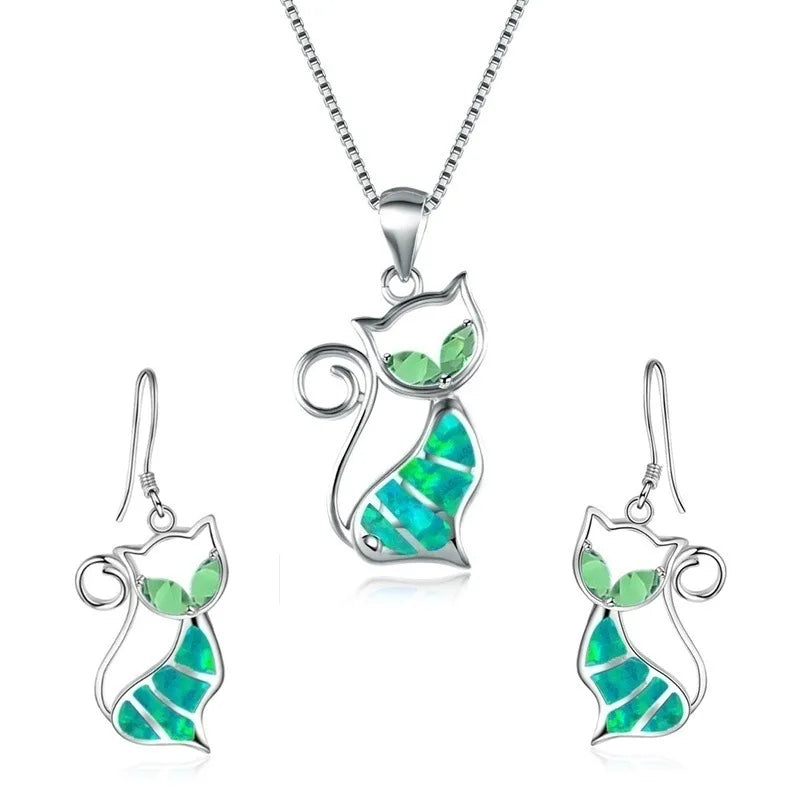Cat Pendant Jewelry Set - Elegant Necklace & Earrings