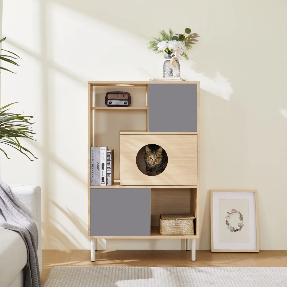 Modern Bookcase Cat Tree with Storage