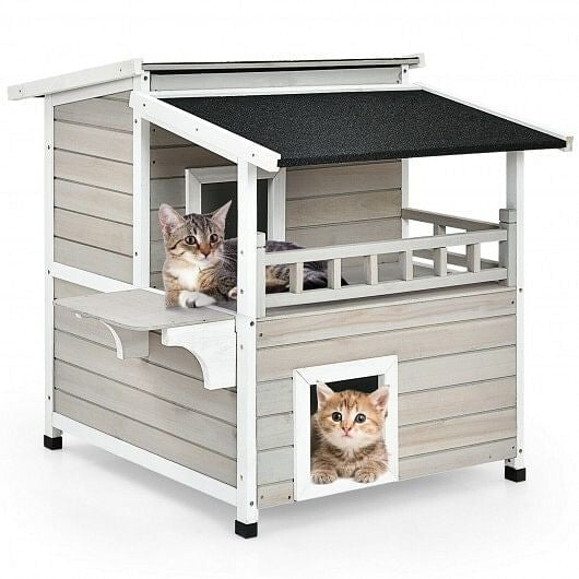 2-Story Wooden Patio Luxurious Cat Shelter House Condo with Large Balcony-4