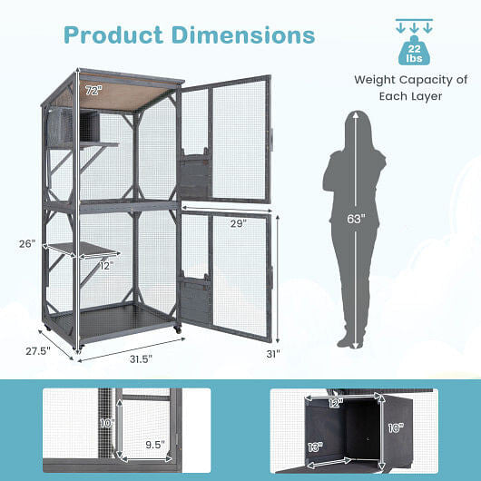72 Inch TallWooden Cat House with Weatherproof Asphalt Roof-Gray-3