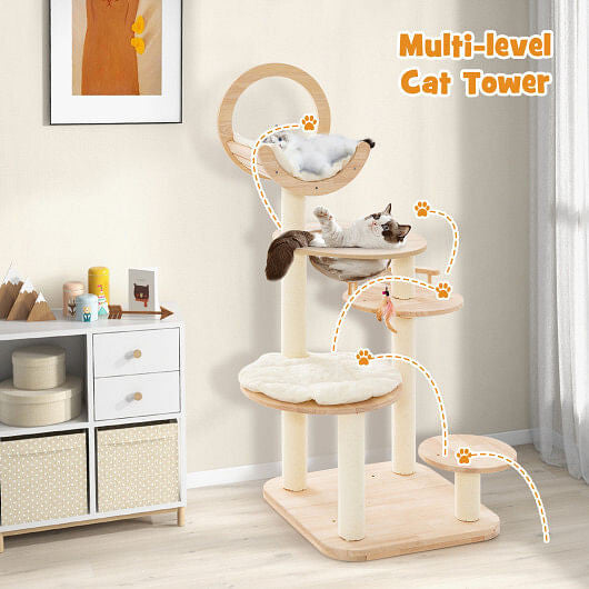 4-in-1 Large Wooden Cat Tower with Space Capsule Nest for Indoor Cats-3