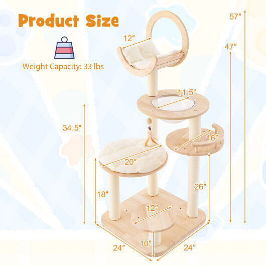 4-in-1 Large Wooden Cat Tower with Space Capsule Nest for Indoor Cats-2