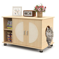 Cat Litter Box Enclosure with Sisal Scratching Doors and Adjustable Metal Feet-Natural-2