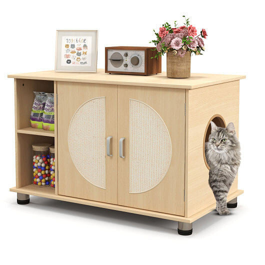 Cat Litter Box Enclosure with Sisal Scratching Doors and Adjustable Metal Feet-Natural-2