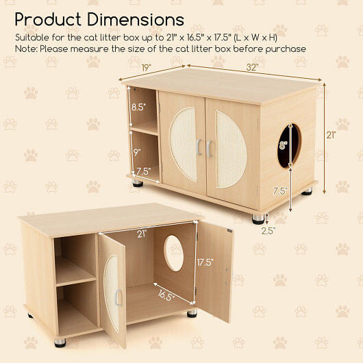 Cat Litter Box Enclosure with Sisal Scratching Doors and Adjustable Metal Feet-Natural-3