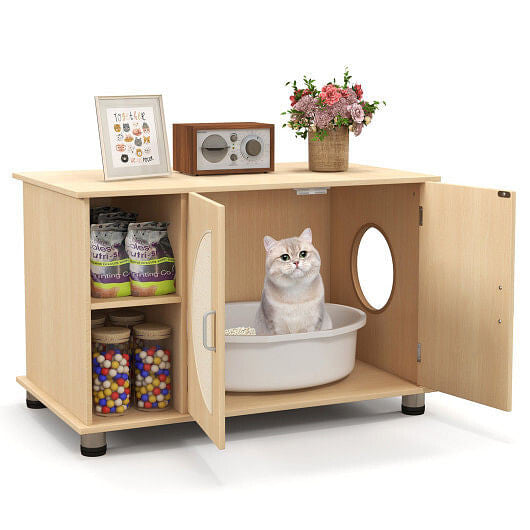 Cat Litter Box Enclosure with Sisal Scratching Doors and Adjustable Metal Feet-Natural-4