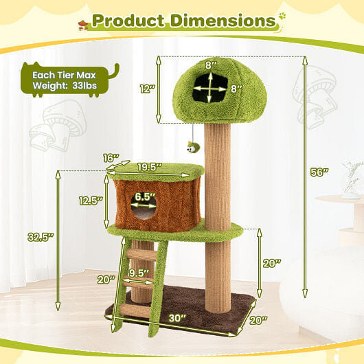 Cute Cat Tree for Indoor Cats with Mushroom-shaped Nest Condo and Climbing Ladder-Green-3