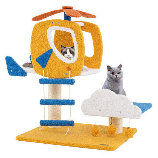 Indoor Small Aviation-themed Cat Tree Cat Tower with Helicopter Top Perch-Yellow-4