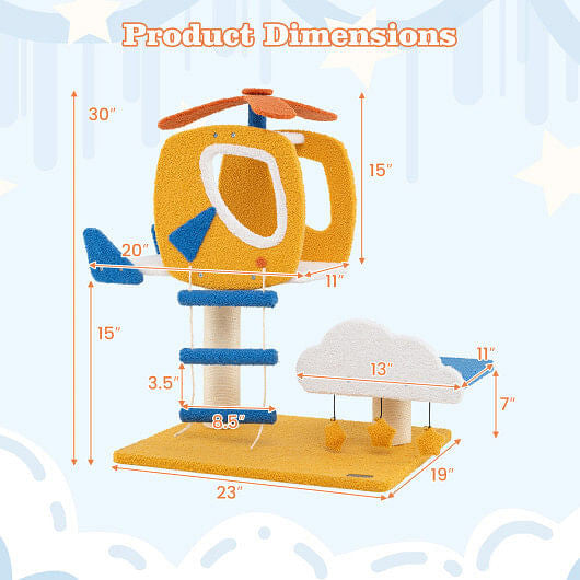 Indoor Small Aviation-themed Cat Tree Cat Tower with Helicopter Top Perch-Yellow-2