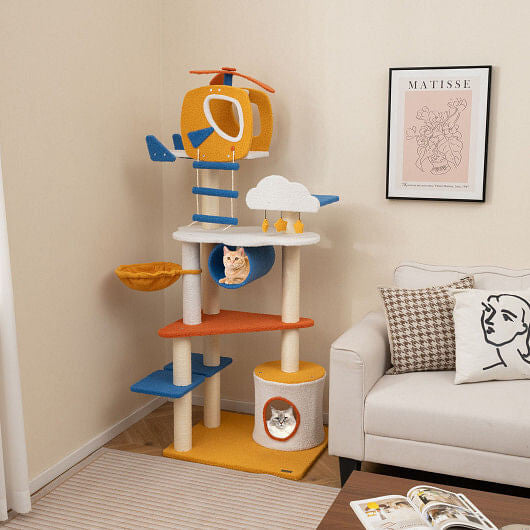 70 Inch Tall Aviation-themed Cat Tree with Helicopter Top Perch and Platforms-Yellow-3