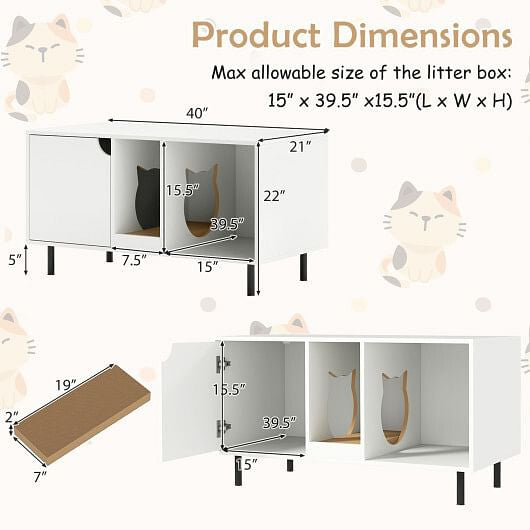 40 Inch Cat Litter Box Enclosure for 2 Cats Hidden Cat Washroom-White-3